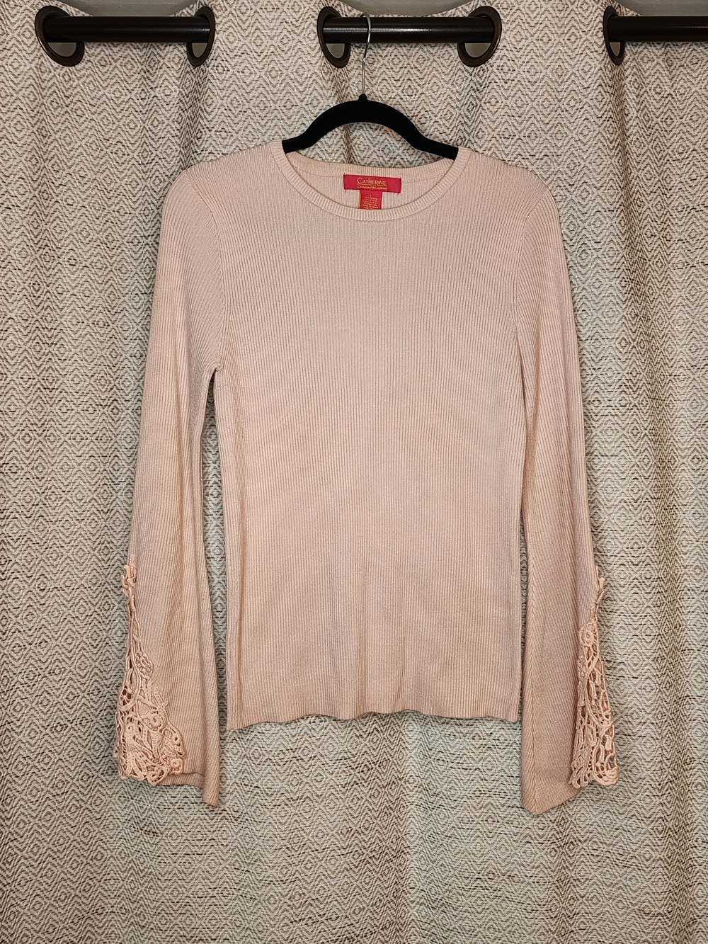 Catherine Malandrino Blush Bell Sleeve Ribbed Top with Lace Cuffs